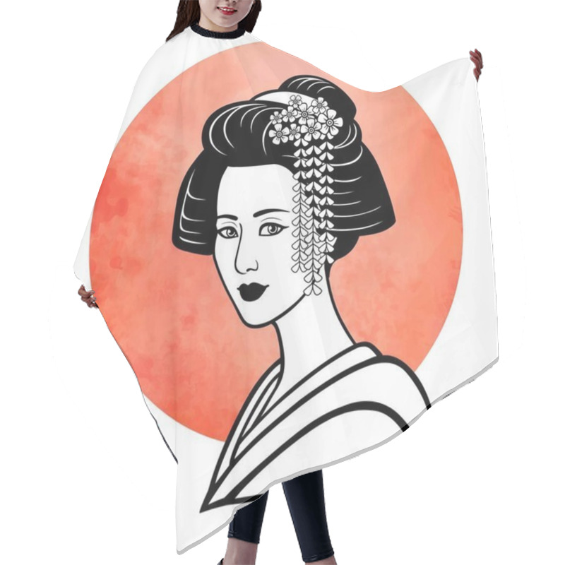 Personality  Realistic Portrait Of The Young Japanese Girl An Ancient Hairstyle. Geisha, Maiko, Princess. Background - The Red Watercolor Sun. Print, Poster, T-shirt, Card. Vector Illustration Isolated On White. Hair Cutting Cape