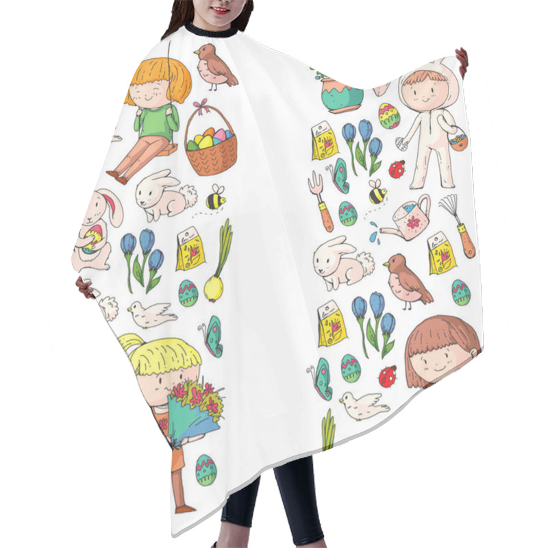 Personality  Spring Children Banners Kids Play And Grow. Kindergarten, School. Easter Celebration With Children. Bunny, Rabbt, Bird, Boys And Girls Hair Cutting Cape