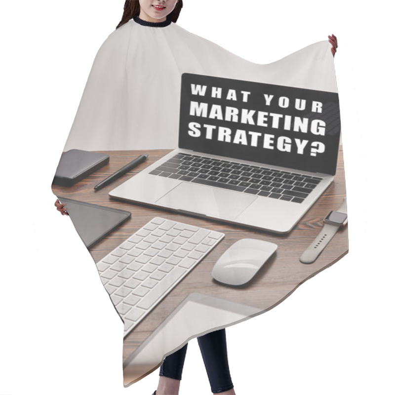 Personality  Flat Lay Of Gadgets And Laptop With What Your Marketing Strategy Question On Screen At Workplace Isolated On Grey Hair Cutting Cape