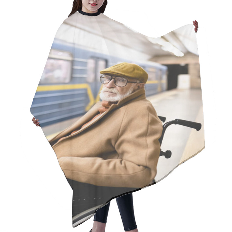 Personality  Aged Handicapped Man In Wheelchair, Wearing Autumn Clothes, On Metro Platform Near Blurred Train Hair Cutting Cape