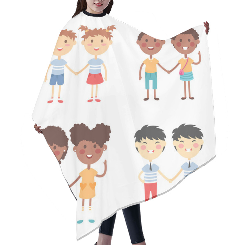 Personality  Vector Cute Cartoon Twins Brothers And Sisters Hair Cutting Cape