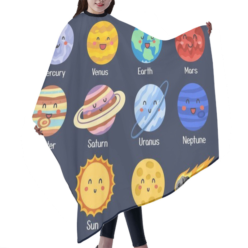 Personality  Cute Planet Set In Cartoon Style. Solar System Poster For Kids. Space Collection With Smiling Planet Faces. Mercury, Venus, Earth And More. Vector Illustration Hair Cutting Cape