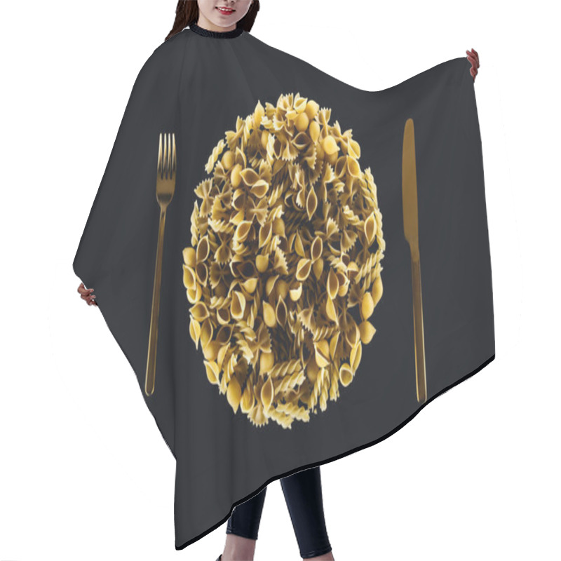 Personality  Top View Of Plate Concept With Metal Fork And Knife Isolated On Black Hair Cutting Cape