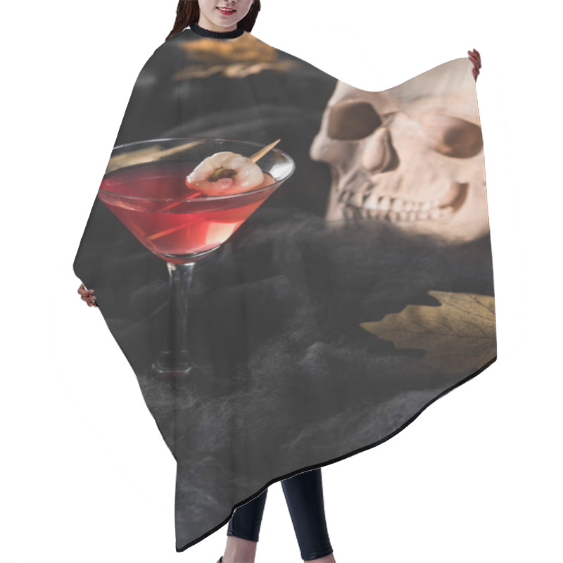 Personality  Red Cocktail Near Skull And Maple Yellow Leaves On Black Background Hair Cutting Cape