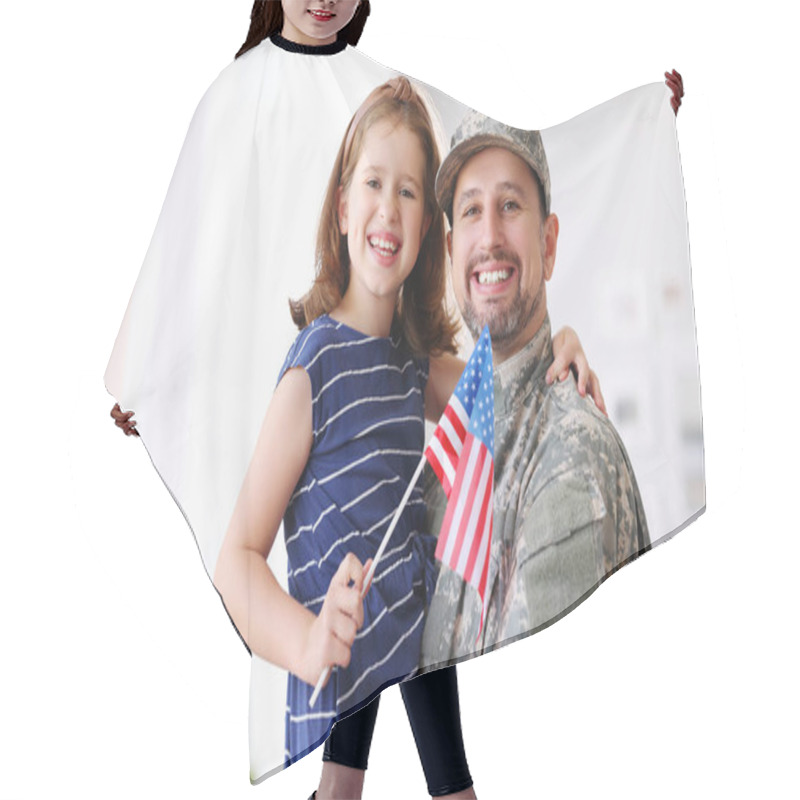 Personality  Portrait Of Happy American Family Father In Military Uniform And Cute Little Girl Daughter With Flag Of United States Hugging And Smiling At Camera, Male Soldier Dad Reunited With Family At Home Hair Cutting Cape