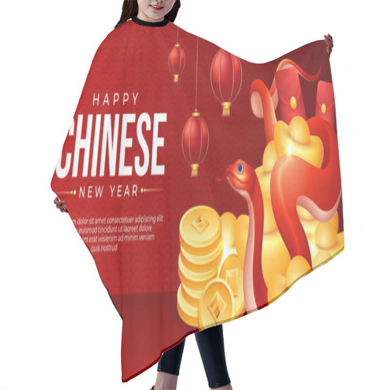 Personality  Chinese New Year 2025 Banner Design With Red Snake, Golden Coins And Ingots Hair Cutting Cape