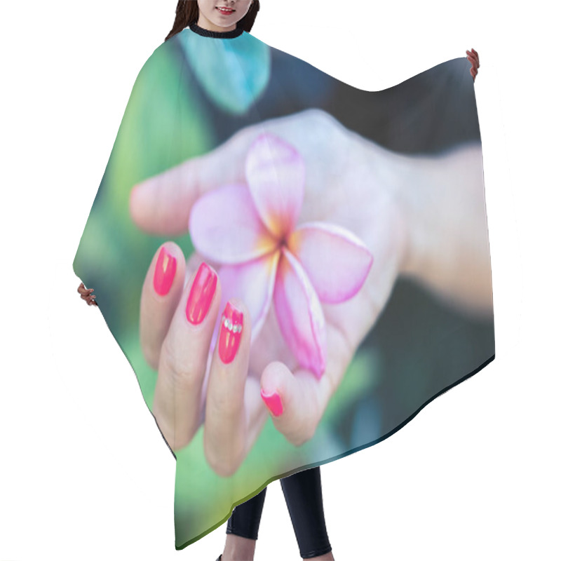 Personality  Plumeria Frangipani Flower In Woman Hand On A Beautiful Nature Background Hair Cutting Cape