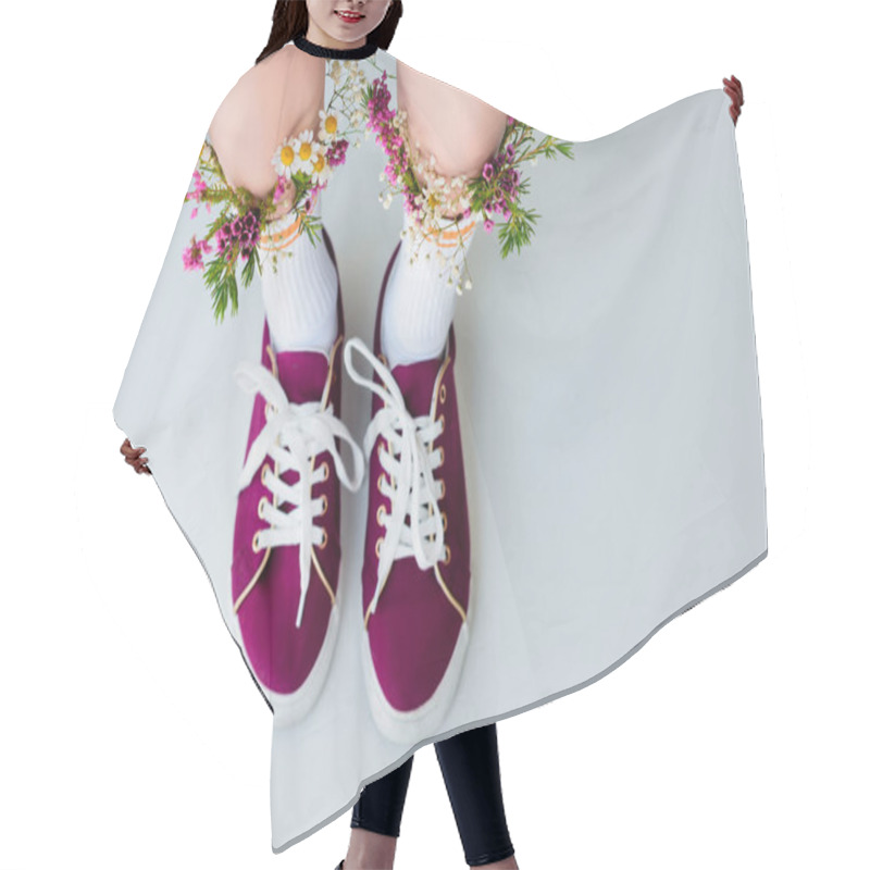 Personality  Partial Top View Of Female Legs With Flowers In Socks Isolated On Grey Hair Cutting Cape