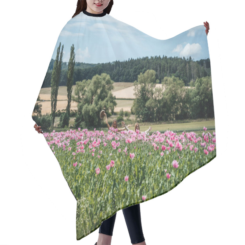 Personality  Field Of Pink Poppies On The Background Of A Beautiful Landscape In The Mountains, Swaying In The Wind High Quality Photo.  Hair Cutting Cape