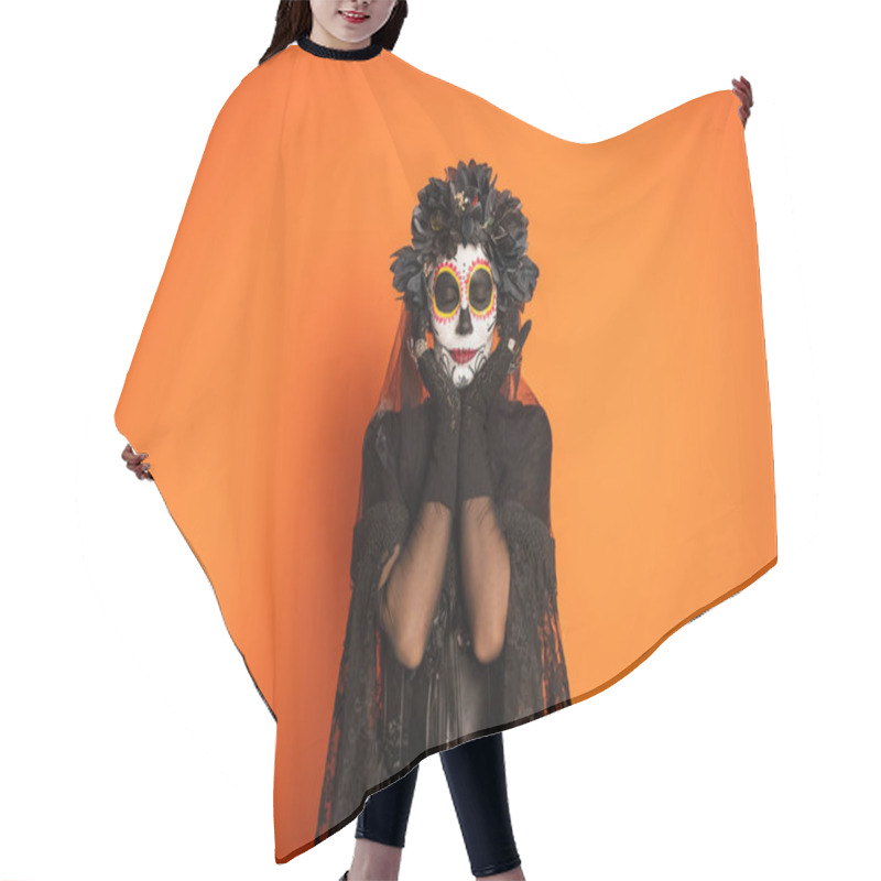 Personality  Woman With Spooky Halloween Makeup Wearing Black Costume And Wreath Standing With Closed Eyes Isolated On Orange Hair Cutting Cape