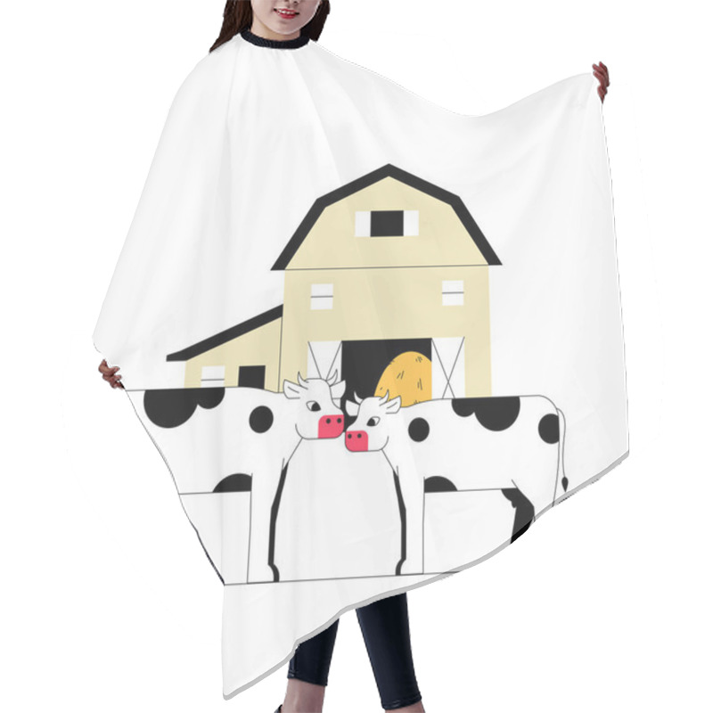 Personality  Two Cows With Black Spots Standing In Front Of A Barn, Symbolizing Farming, Agriculture, And Dairy Production In A Rural Outdoor Setting, In Flat Vector Style. Hair Cutting Cape