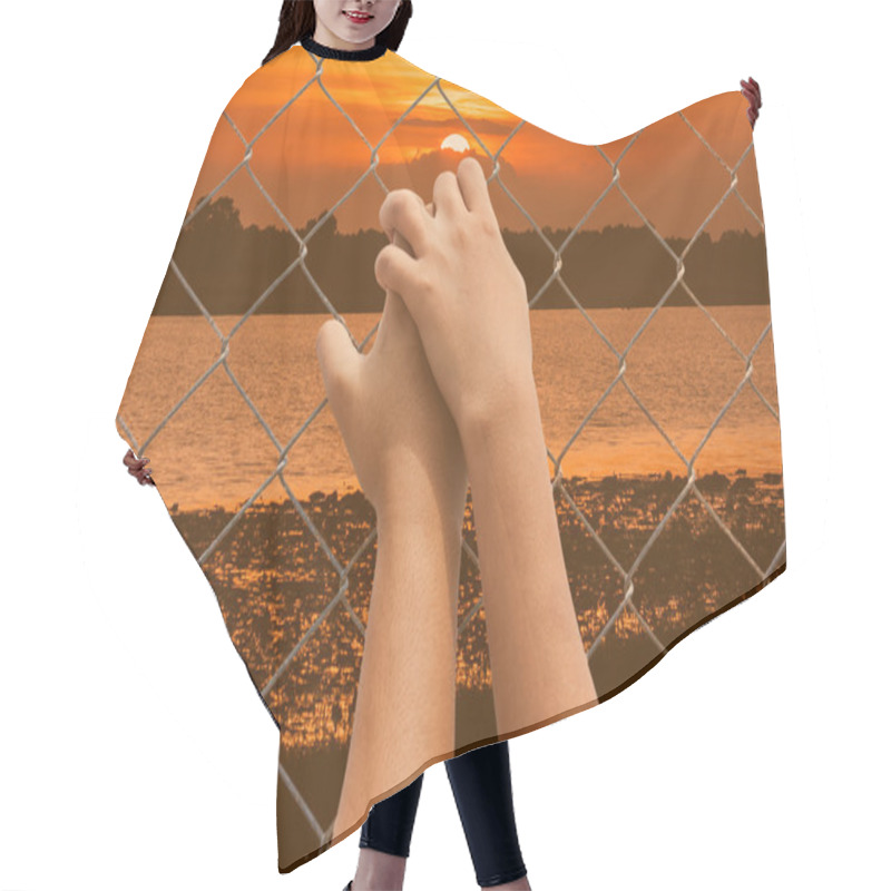 Personality  Hand Girl In Jail At River Sunset Background Hair Cutting Cape