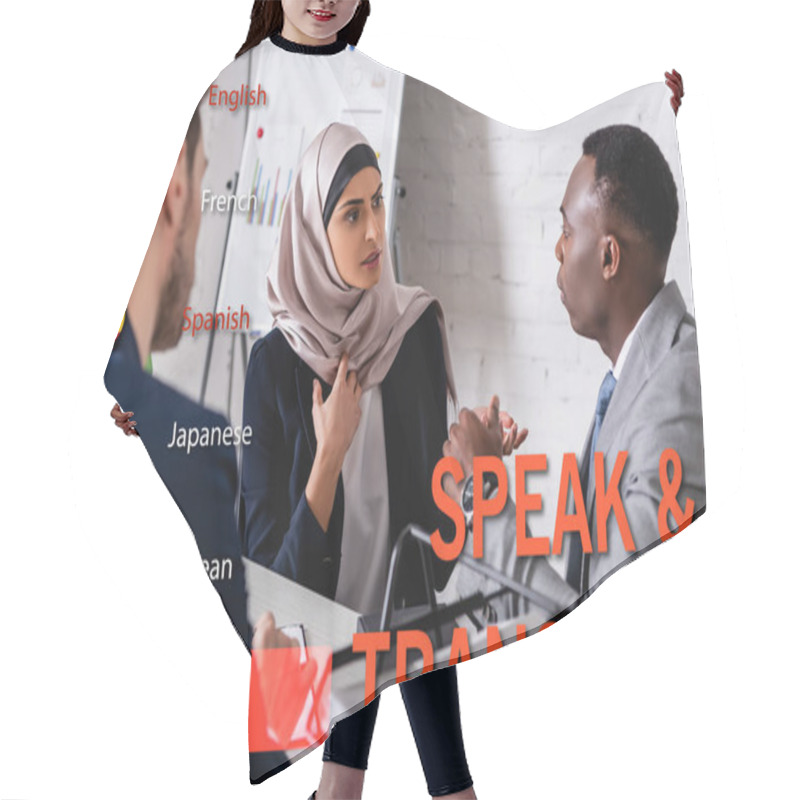 Personality  Arabian Businesswoman Gesturing Near African American Businessman And Interpreter, Translation App Interface Illustration Hair Cutting Cape