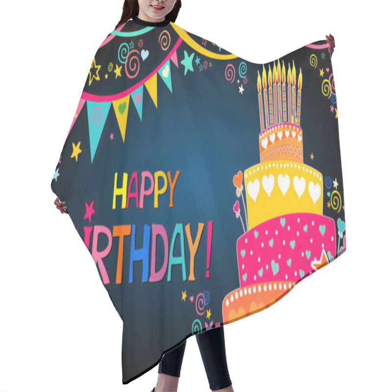 Personality  Happy Birthday Card. Birthday Cake. Celebration Black Background With Candle, Birthday Cake, Gift Box, Stars, Garland And Place For Your Text. Greeting, Invitation Card Or Flyer. Vector Illustration Hair Cutting Cape