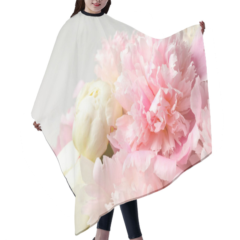 Personality  Beautiful Peony Bouquet On Light Background, Closeup Hair Cutting Cape