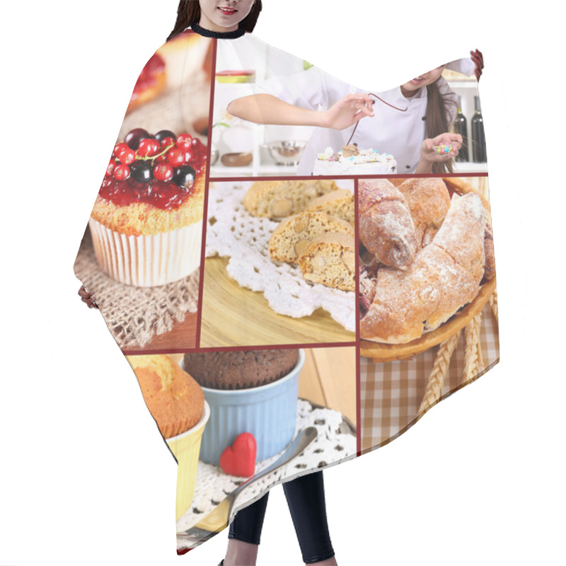 Personality  Collage Of Confectionery Theme Consisting Of Delicious Pastries And Cook Hair Cutting Cape