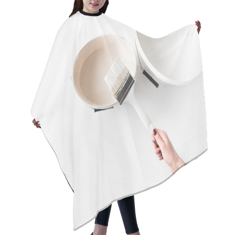 Personality  Cropped Image Of Girl Holding Brush In White Paint On Bucket Isolated On White Hair Cutting Cape