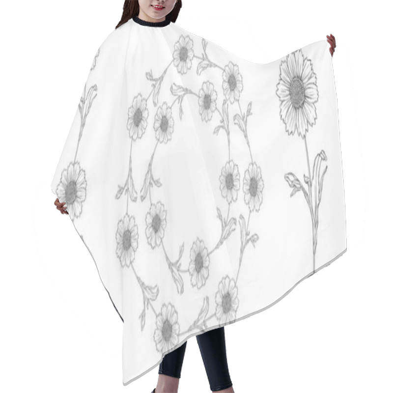 Personality  Vector Black And White Contour Flower Arrangement With Chamomile Flowers Hair Cutting Cape