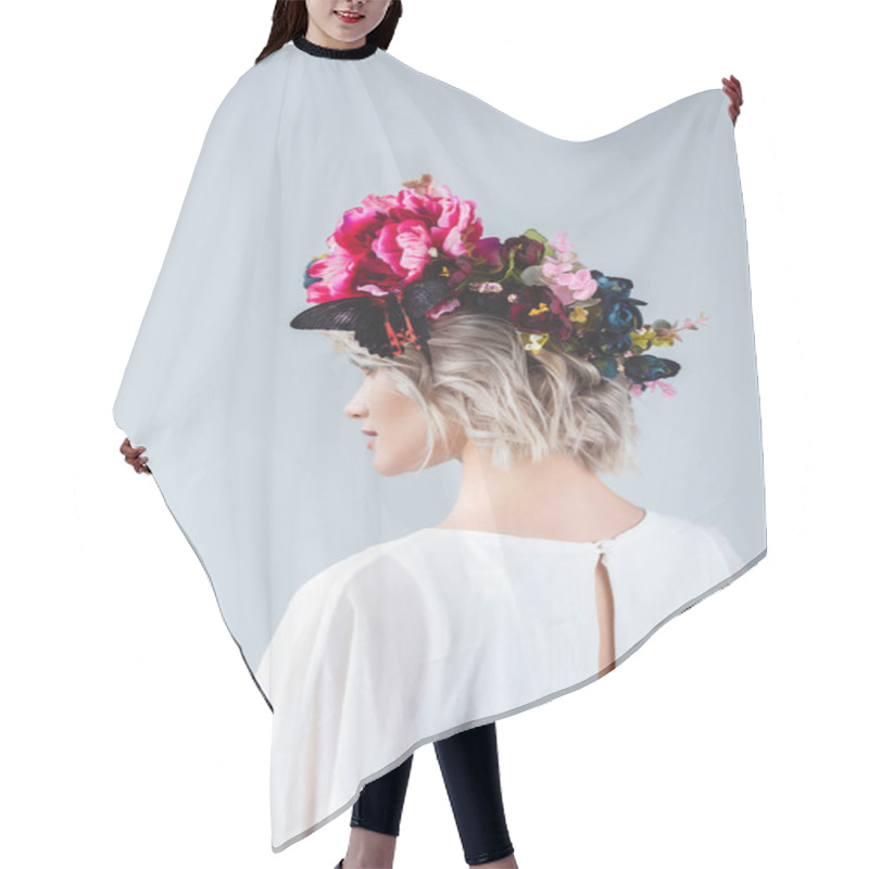 Personality  Model Posing In Floral Wreath With Beautiful Butterfly, Isolated On Grey Hair Cutting Cape