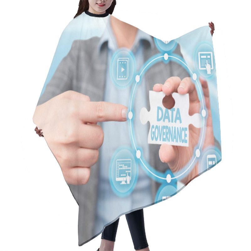 Personality  Conceptual Caption Data Governance. Business Overview General Management Of Key Data Resources In A Company Business Woman Pointing Jigsaw Puzzle Piece Unlocking New Futuristic Tech. Hair Cutting Cape