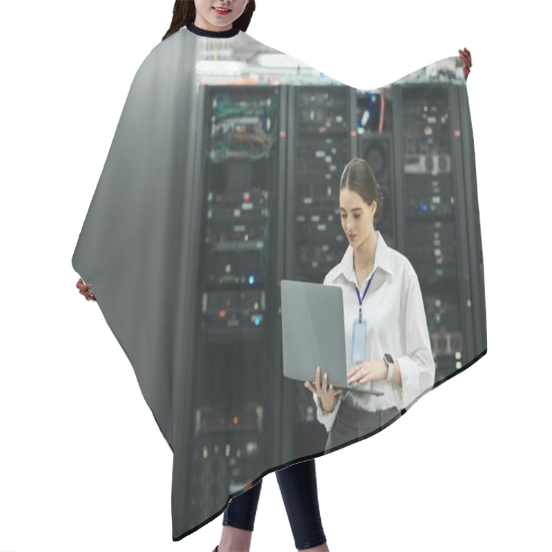 Personality  Woman In A White Shirt Collaborates With Network Systems In A Contemporary Data Center. Hair Cutting Cape