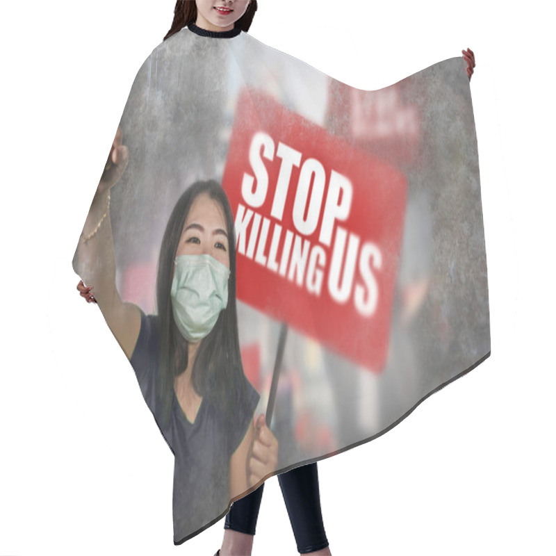 Personality  Pacifist Asian Woman Angry And Outraged Protesting On Street Demonstration Against China Abuse Standing For Freedom And Human Rights Holding Stop Killing Us Billboard Hair Cutting Cape