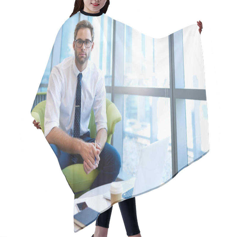 Personality  Handsome Young Businessman With Stylish Spectacles, Sitting In A Modern Office At A Coffee Table With Takeaway Coffee And His Laptop Hair Cutting Cape