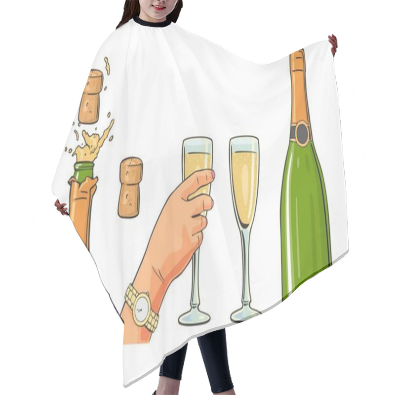 Personality  Bottle Of Champagne Explosion And Hand Hold Glass. Hair Cutting Cape