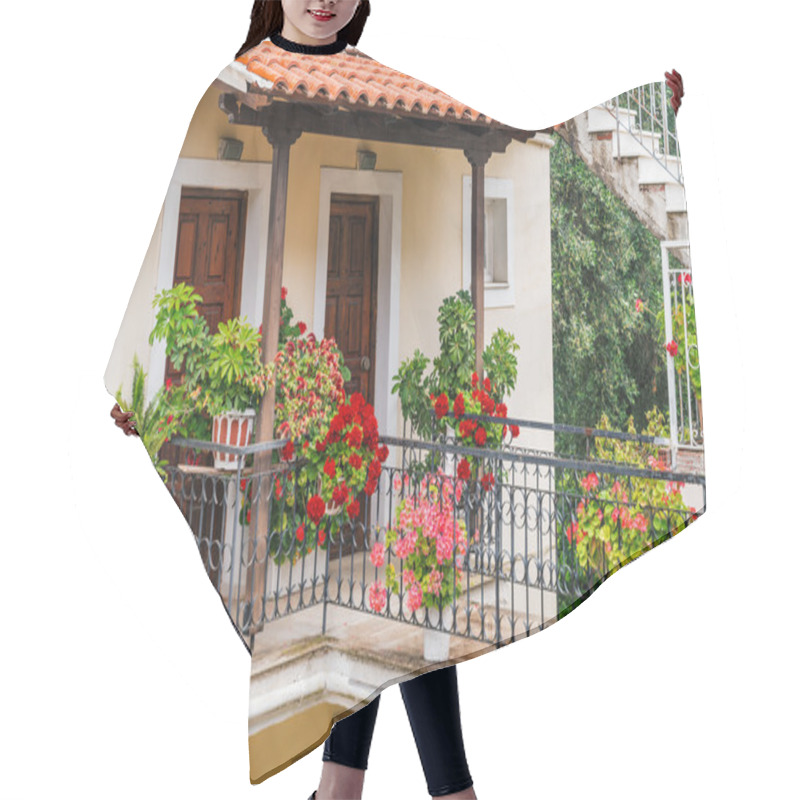 Personality  Flowers In Front Of An Traditional Greek  House Hair Cutting Cape