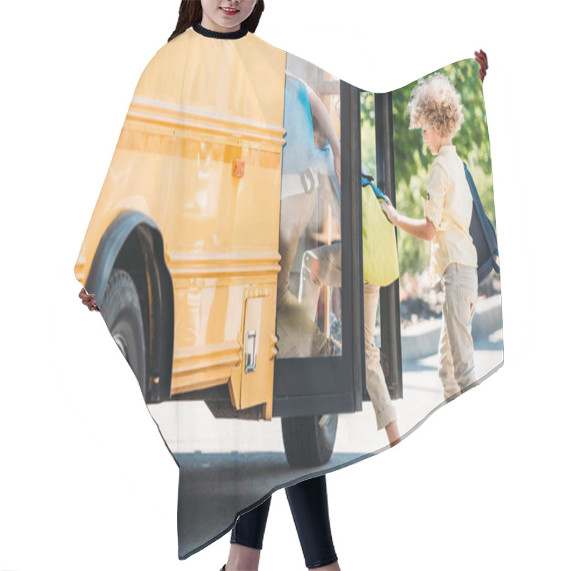 Personality  Group Of Little Schoolboys Entering School Bus Hair Cutting Cape