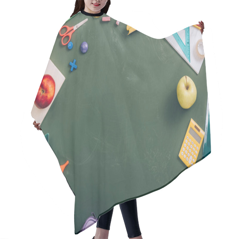 Personality  Top View Of Frame With School Supplies, Ripe Apples And Paper Boat On Green Chalkboard Hair Cutting Cape