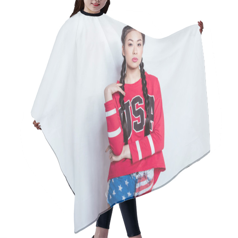 Personality  Girl In American Patriotic Outfit Hair Cutting Cape