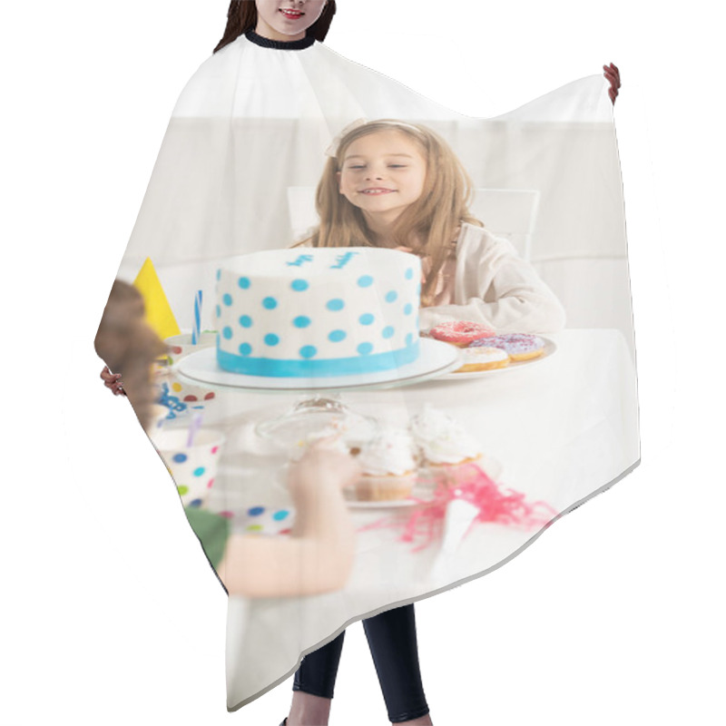 Personality  Adorable Kids Sitting At Party Table With Cake During Birthday Celebration Hair Cutting Cape