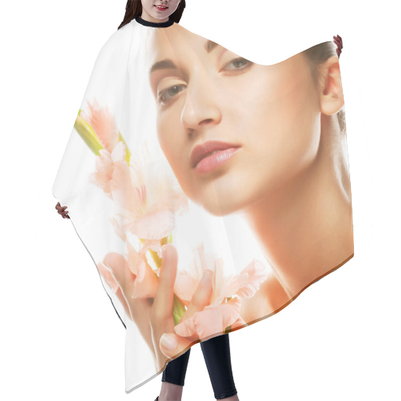 Personality  Fresh Face With Gladiolus Flowers In Her Hands Hair Cutting Cape