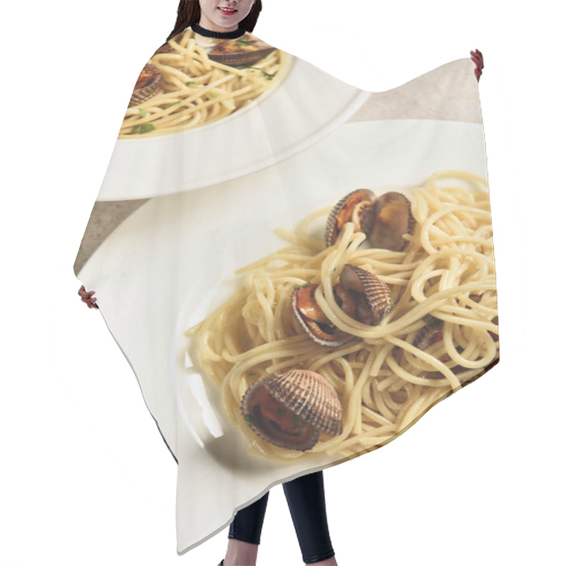 Personality  Close Up View Of Delicious Pasta With Seafood Served In Two White Plates Hair Cutting Cape