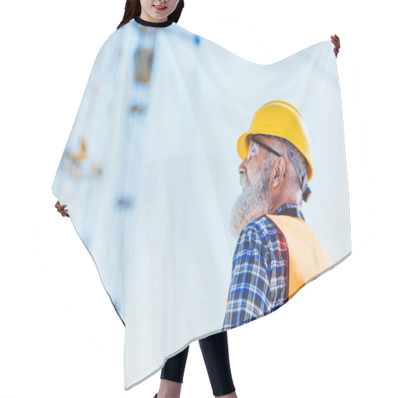 Personality  Worker In Protective Wear At Construction Site Hair Cutting Cape