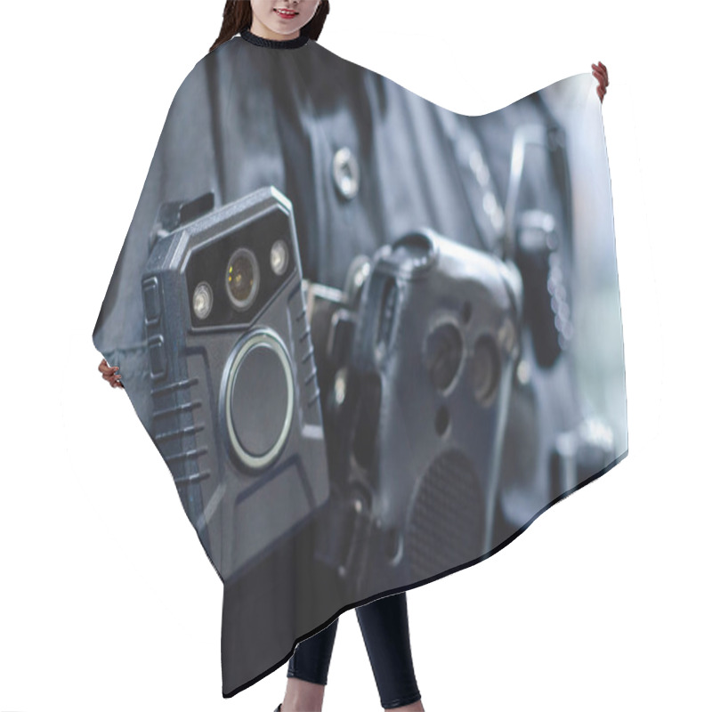 Personality  Close-up Of Police Body Camera Hair Cutting Cape