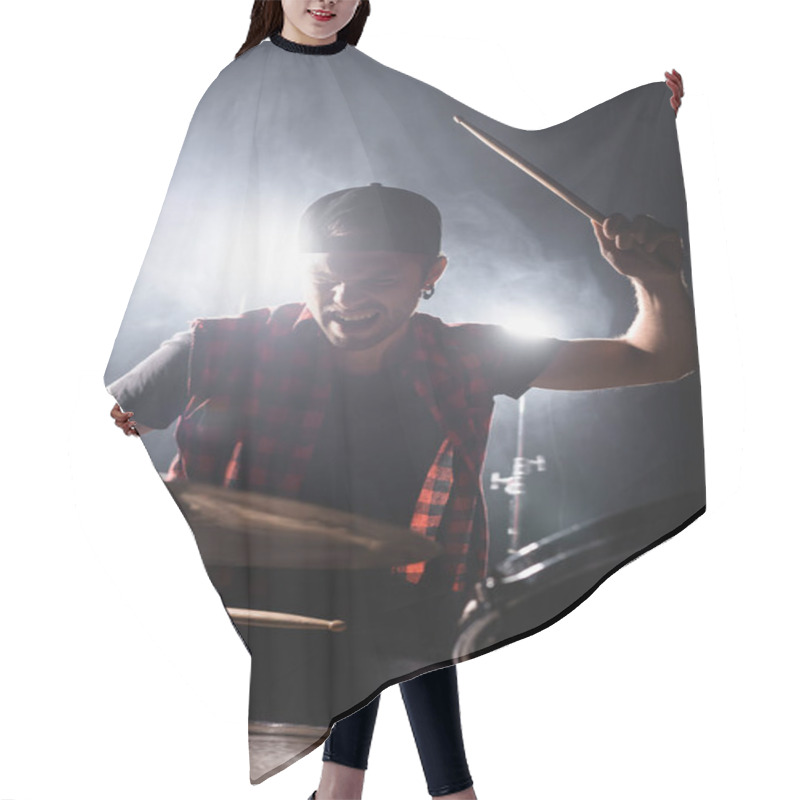 Personality  Rock Band Drummer Holding Drumstick And Playing Drums With Back Light And Smoke On Background Hair Cutting Cape