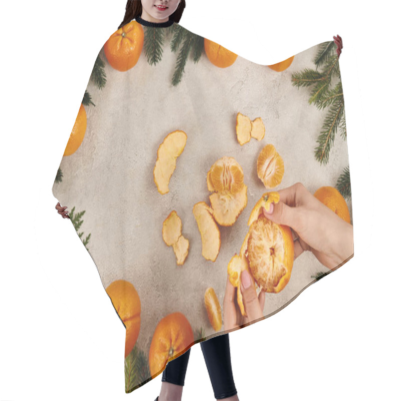 Personality  Cropped View Of Woman Peeling Ripe Tangerine Near Juniper And Pine Branches, Christmas Concept Hair Cutting Cape