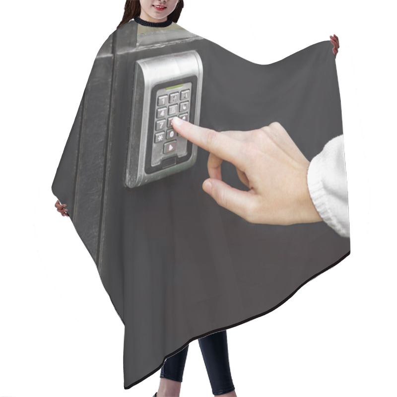 Personality  Female Hand Dials The Access Code On The Electronic Lock By Pressing A Index Finger On Button, Closeup Of The Security Lock On Black Iron Gate With Copy Space. Hair Cutting Cape