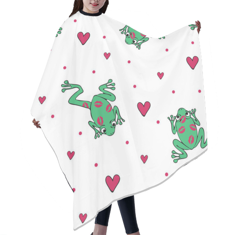 Personality  Seamless Vector Pattern With Frogs And Love Hearts On White Background. Animal Valentines Day Wallpaper Design. Kiss Me. Hair Cutting Cape