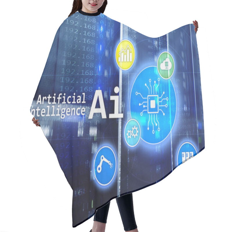 Personality  AI, Artificial Intelligence, Automation And Modern Information Technology Concept On Virtual Screen. Hair Cutting Cape