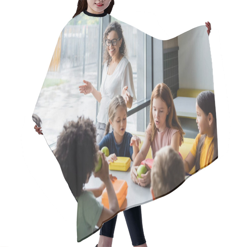 Personality  Happy African American Teacher Talking To Multiethnic Pupils In School Eatery Hair Cutting Cape