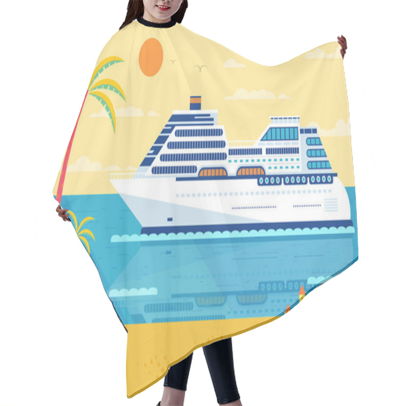 Personality  Illustration Of Cruise Ship Isolated, Side View, Near Beach, Palm Trees Hair Cutting Cape