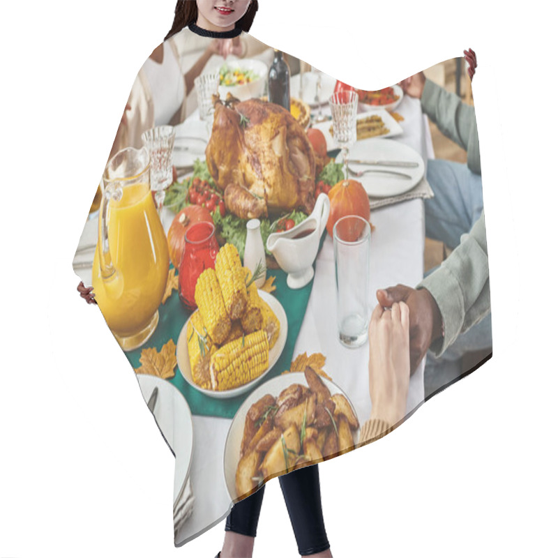 Personality  Cropped View Multiethnic Family Praying Together At Festive Table With Turkey And Wine, Thanksgiving Hair Cutting Cape