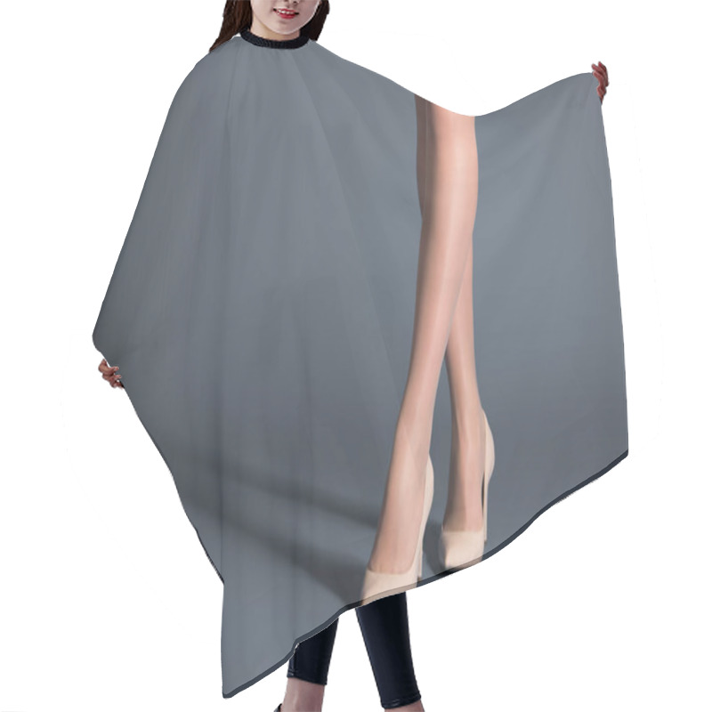 Personality  Woman Wearing Beige Tights And Heel Shoes On Dark Background Hair Cutting Cape