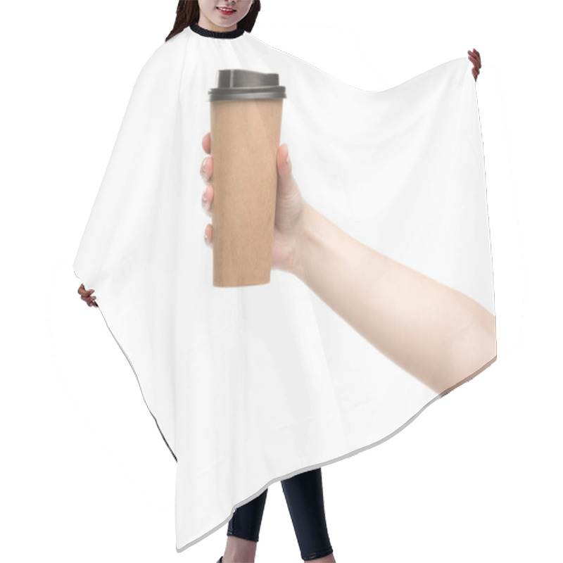 Personality  Cropped View Of Woman Holding Paper Cup Isolated On White Hair Cutting Cape