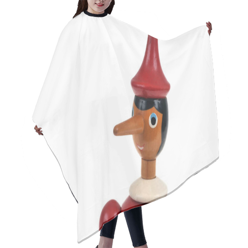 Personality  Close-up Portrait Of Wooden Pinocchio Puppet On White Background Hair Cutting Cape