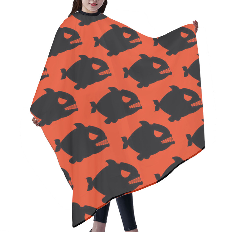 Personality  Aggressive Seamless Pattern From Piranha. Fish Silhouettes With Hair Cutting Cape