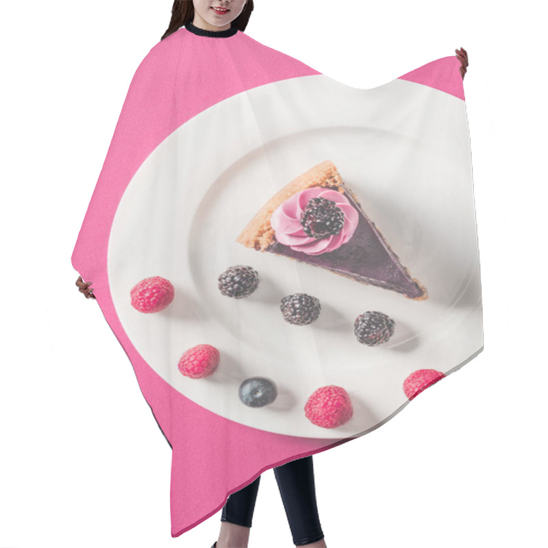 Personality  Top View Of Appetizing Piece Of Cake With Berries On Plate On Pink Surface Hair Cutting Cape